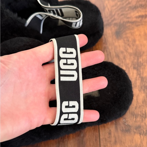 UGG “Fluff Yeah” Black Fluffy Sheepskin Slides Sandal Logo Branded Strap | 7 - Picture 8 of 10
